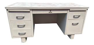 The top is built from engineered wood with a bright white finish that complements the legs and gives the desk a pop of modern style. Vintage Mid Century Modern Sears Metal Tanker Desk Chairish