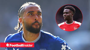 Dominic Calvert-Lewin reacts to Arsenal's Bukayo Saka after confirmed exit