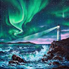 Northern Lights Lighthouse Painting Starry Sky Painting Aurora Borealis Night Sky Art Gift For Him Galaxy Painti Ocean Painting Night Sky Art Sky Painting