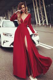 Elegant V Neck Long Sleeves Dark Green Split Prom Evening Dress Burgundy Prom Dress Red Prom Dress Prom Dresses Long With Sleeves