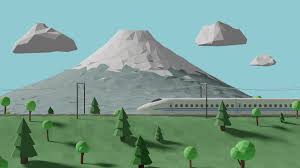 Shinkansen Passing Mt Fuji V2 Low Poly