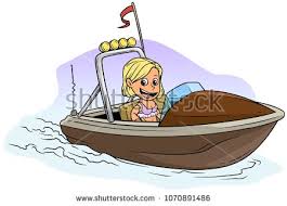 Cartoon White Cute Flat Blonde Girl Character Floats On Small Brown Motor Boat With Red Flag And Radio Antenne Vector Icon