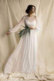 Simple Wedding Dress Beach Wedding Dress White Chiffon Dress Long Sleeve Dress Bohemian Gown Modest Wedding Dress Sweetheart Wedding Dress White Chiffon Dress Long Chiffon White Dress Chiffon Dress Long