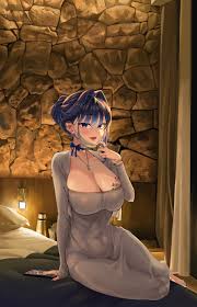 snarkhunt, ouro kronii, hololive, hololive english, absurdres, highres,  1girl, blue eyes, blue hair, blue nails, blush, bow choker, bracelet,  breast tattoo, breasts, cleavage, dongtan dress, earrings, flower tattoo,  hair intakes, huge breasts,