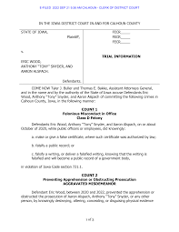 1 of 3 IN THE IOWA DISTRICT COURT IN AND FOR CALHOUN COUNTY STATE OF IOWA,  Plaintiff, FECR_____ FECR_____ FECR_____ v. TRIAL INF