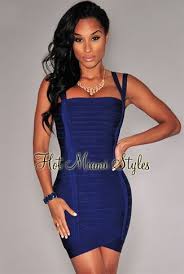 Navy Blue Double Straps Arched Bandage Dress Fashion Summer Women Bandage Dress