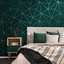 Zara Shimmer Metallic Geometric Wallpaper Emerald Gold Patterned Wallpaper Bedroom Feature Wall Bedroom Bedroom Feature Wallpaper