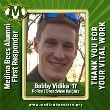 Thanks to all the first responders who step up when we need you the most,  including Bobby Vidika, MHS Class of 2017, police officer in Broadview  Heights. Highlight Medina Alumni first responders