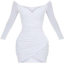 Shape White Ruched Bardot Bodycon Dress 40 Liked On Polyvore Featuring Dresses Shirred Dres Bodycon Dress Homecoming Bodycon Dress Bodycon Cocktail Dress