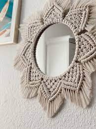 This is a handcrafted macrame wall hanging with beautiful delicate detail and a gorgeous fringe. Macrame Wall Mirror With Mirror Or Without Macrame Mandala Wall Hanging Macrame Mandala Macrame Mirror Macrame Wall Hanging Patterns