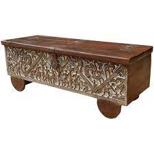 Antique camphor wood and leather military campaign trunk. Masterpiece Hand Carved Mango Wood Storage Trunk Coffee Table