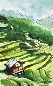 Vietnam Vietnamese Art Vietnam Art Watercolors Paintings Original Watercolor Painting Landscape Hut Terrace Fields Sketch Vietnam Art Vietnam Painting Countryside Paintings