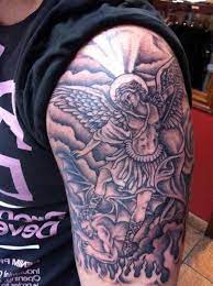 Angel Fighting With Demon Tattoo On Left Half Sleeve