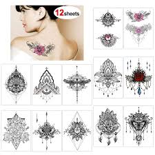 Attractive black henna flowers tattoo on upper back by cheers. Konsait 12 Sheets Henna Temporary Tattoos Black Art Stickers Sexy Mandala Flower Festive Tattoo Fake Waterproof Temporary Tattoos For Women Adult Girls Cover Up Back Arm Neck Buy Online In United Arab