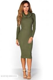 Valencia Olive Green Long Sleeve Cowl Neck Bodycon Sweater Dress