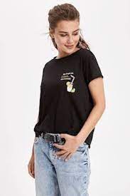 T Shirt Baskili Kisa Kollu T Shirt Kadin Siyah Kis