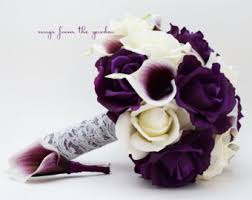Latex wedding bouquet silk white lily purple rose roses teardrop flower diamante | ebay. Purple White Bouquet Etsy