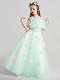 Flower Girl Dresses Applique Tulle Floor Length Cold Shoulder Pastel Green Kids Page Toddler Flower Girl Dresses Girls Long Sleeve Dresses Kids Pageant Dresses
