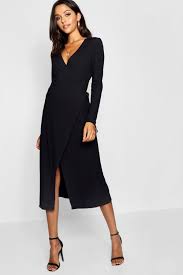 Tall Rib Wrap Jersey Dress Boohoo Uk In 2020 Wrap Around Dress Black Dress With Sleeves Black Dress