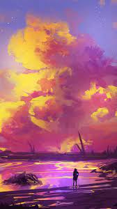Lonely Horizon Wallpaper Iphone Android Background Followme Landscape Illustration Night Landscape Image Painting