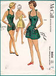 1950s 50s Vintage Sewing Pattern Swimsuit With Pleated One Piece Halter Playsuit Bathing Suit Beach Romper Swimwear Bust 36 B36 Reproduction Swimsuit Pattern Vintage Swimwear Swimsuit Sewing Pattern