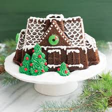 Christmas bundt cake is made in a special tin to look like a circle of pine trees. Gingerbread Cake Nordic Ware