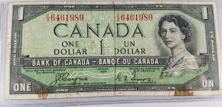 Vintage Collectible Antique 1954 Canada One Dollar Bill Canadian Currency Canadian Money Dollar Banknote Canadian Dollar