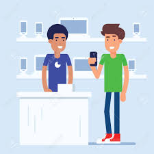 Vidéos, musiques et photos vous suivent partout grâce aux mobiles lg. Le Magasin De Telephone Mobile Avec Le Client Et Directeur Des Ventes De Discuter Le Dernier Modele De Telephone Intelligent Les Deux Debout Pres De La Caisse Moderne Vector Illustration Plat Parfait