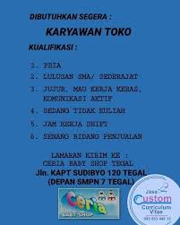 Jun 12, 2021 · kami beli jam tangan (merk ripcurl), kaos warna kuning merk oraqle, celana jeans warna biru merk newlions, terang lelaki lulusan smp itu. Pin Oleh Lowongan Kerja Tegal Di Loker Di Ceria Baby Shop Sebagai Karyawan Toko Kerja Keras Komunikasi Smp