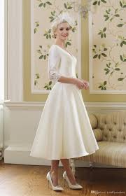 Discount 2019 Tea Length Satin Short Wedding Dresses With 3 4 Sleeves Lace V Neck Simple Inf Belle Wedding Dresses Short Wedding Dress Tea Length Wedding Dress