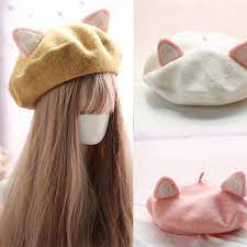 Cute Wool Hat With Cat Eardesign Hatswinter Autumn Beret Etsy In 2021 Kawaii Fashion Outfits Cat Ear Beret Kawaii Accessories