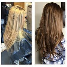 Sometimes, just a couple of strategically placed streaks is all you need to transform your look from plain to perfect. Beautiful Hair Transformation From Blonde To A Rich Brunette Created By Stylist Corin Hair Transformation Hair Hair Styles