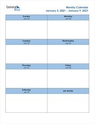The same method can be used to create a yearly calendar 2021 template. Weekly Calendar January 3 2021 To January 9 2021 Pdf Word Excel