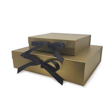 Ideal for retail product presentations, hamper gift boxes, corporate gifts, glassware, beauty products. Gold Gift Boxes With Ribbon Barry Packaging