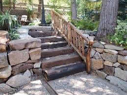 Stone Steps On The Hill With Wood Handrail Outdoor Design Outdoor Handrail Garden Railings Backyard Walkway