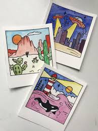 Polaroid Drawings Mini Canvas Art Colorful Drawings Small Canvas Art