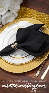 Black And Gold Charger Plates Mediterranean Scale Round 13 Charger Plates White W Gold Trim Black Napkins Wedding Decor Elegant Gold Reception