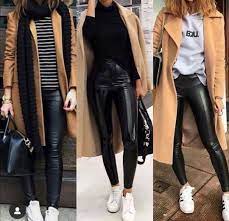 Complete Leggings Stripe Sweater Or Black Sweater Yellow Coat In 2020 Winter Fashion Outfits Casual Winter Outfits Outfits With Leggings