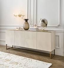 The photo shows the opening in the back for cables at the. Cream And Metal Faux Shagreen 4 Door Sideboard Waldorf Maisons Du Monde