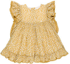 Descripción de los bonitos vestidos de mariposas. Dolce Petit Vestido Nina Estampado Plumas Ocre Con Manga Doble Volante Missbaby