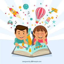 Niños felices leyendo un libro imaginativo | Vector Gratis
