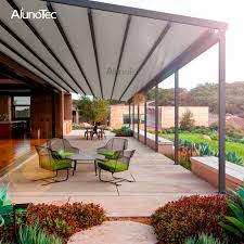 A retractable awning is a sheet of canvas stretched on a frame that can project to provide shade from the sun or rain off a storefront, window, doorway or deck. Electric Control Waterproof Aluminium Retractable Pvc Roof Awning System Buy Retractable Awning Waterproof Awning Retractable Roof System Product On Aluminum Pergola Alunotec