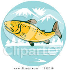 Trout jumping out of water cartoon. Cartoon Brown Trout Fish Leaping Over A River In The Mountains Posters Art Prints By Interior Wall Decor 1292518