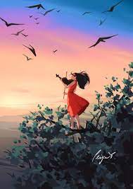 In The Treetop Art Print Violin Sunset Nature Landscape Meditation Art Peijin In 2021 Dreamy Art Anime Scenery Illustration Art Girl