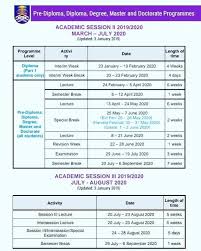 Paparan terbaik dengan pelayar web versi terbaru pada resolusi minimum 1024x768. Kalendar Akademik Untuk Semester 2019 2020 1 Asasi Semester Jun 2019 Hingga Oktober 2019 Dan Semester Disember 2019 Hingga April 2020 2 Pra Diploma Diploma Ijazah Master Dan Phd Semester