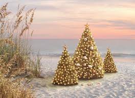 Smiling sandy snowman in red santa hat on the sea beach. 6 X 8 Box Of 18 Beach Christmas Tree Trio Christmas Greeting Cards Wilford Lee Home Accents