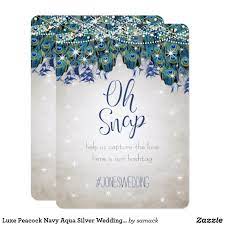Luxe Peacock Navy Aqua Silver Wedding Hashtag Invitation Zazzle Com Wedding Hashtag Wedding Hashtag Sign Mason Jar Wedding