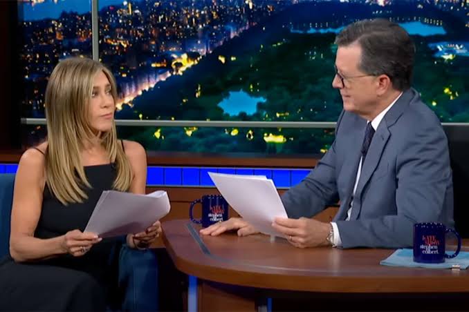 Stephen Colbert Jokingly Tries to Kiss Jennifer Aniston After On-Air  Audition for 'The Morning Show'