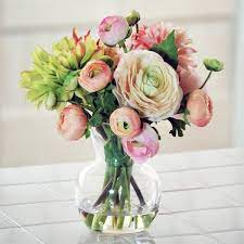 Dahlia And Ranunculus Floral Arrangement In Decorative Vase Ranunculus Arrangement Silk Flower Arrangements Flower Arrangements