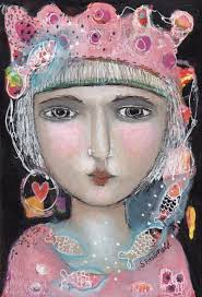 Mixed Media Print Painting Modern folk art woman pink hat fish float heart